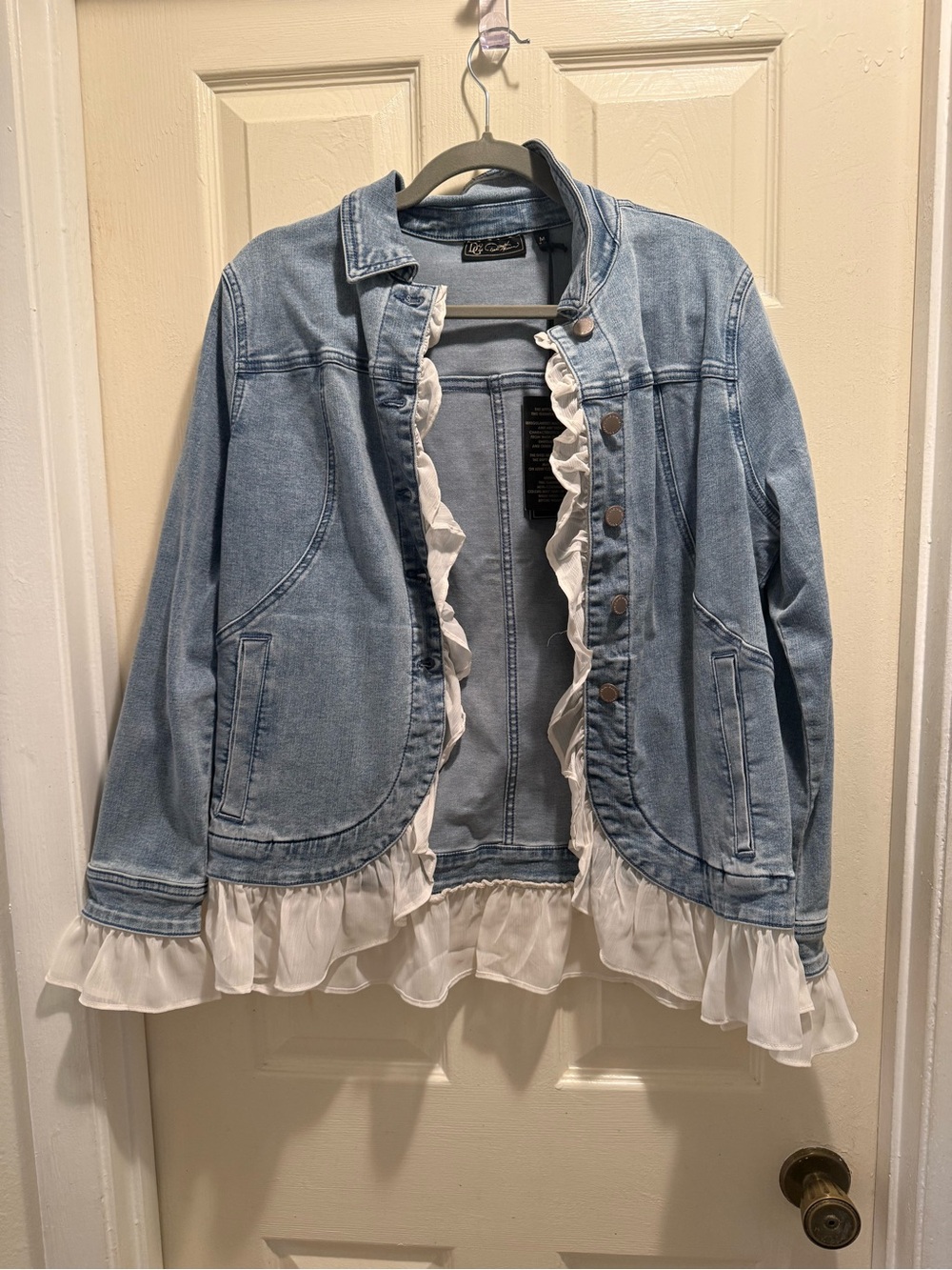 DG2 by Diane Gilman Light Blue Denim Jacket with White Ruffle Trim